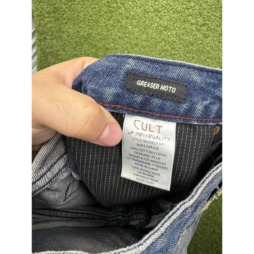 Cult of Individuality Greaser Moto Jeans Mens 34x34 Distressed Denim Rips y2k